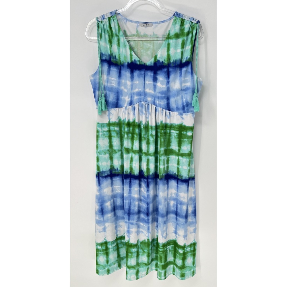 Tie Dye Sleeveless Dress M Tie Blue Green V Neck Stretch Coastal Dopamine Beach